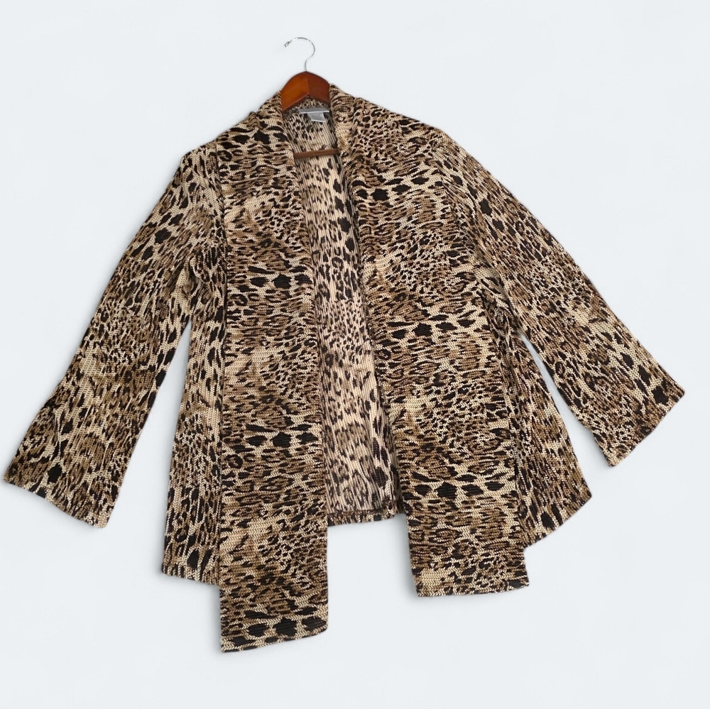 Chicos Traveler Leopard Print Open Front Jacket Cardigan Size 2 = Women's Large